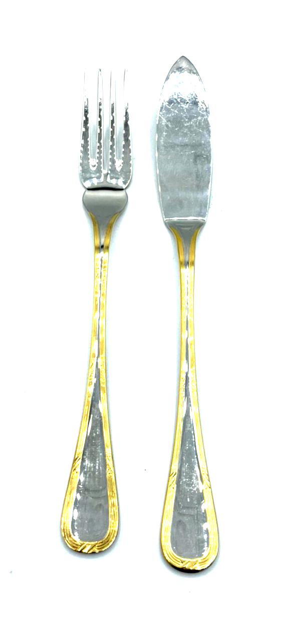 Vintage Kreuzband Edelstahl Gold Fischbesteck 12 Personen 26 Teile Vorleger7