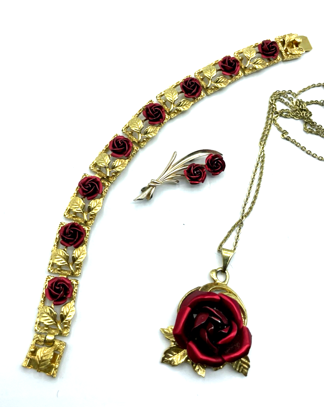 70erJ Original Modeschmuck vergoldet plastische rote Rosen Set 3 tlg Nostalgie3