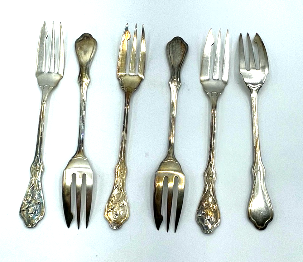 6 x Jugendstil WMF Gabel Kuchengabel Modell 27 Lilie Wasserlilie sehr gepflegt4