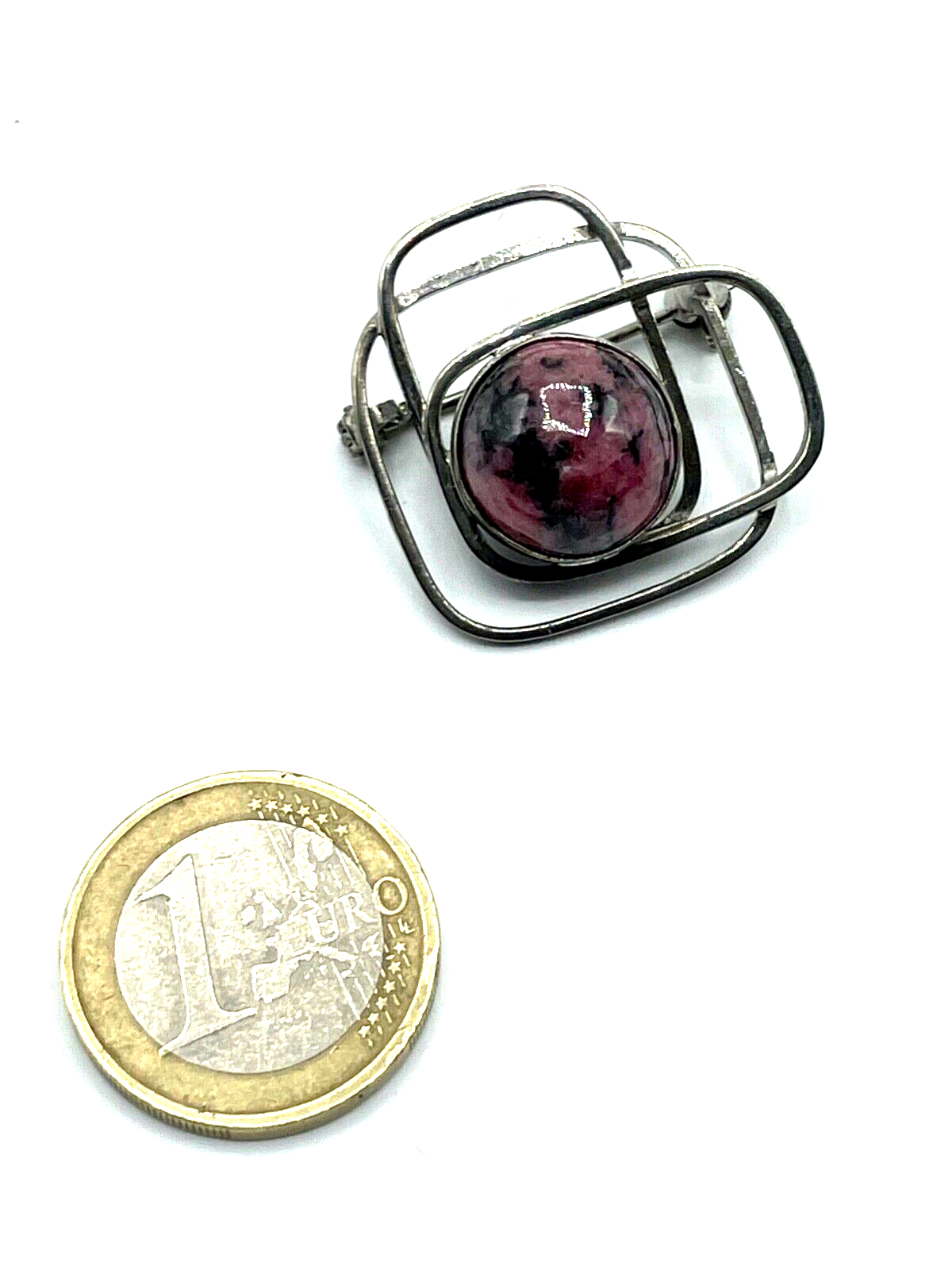 70er J Design 925 Silber Anstecknadel Handarbeit Rhodochrosit Cabochon rund2