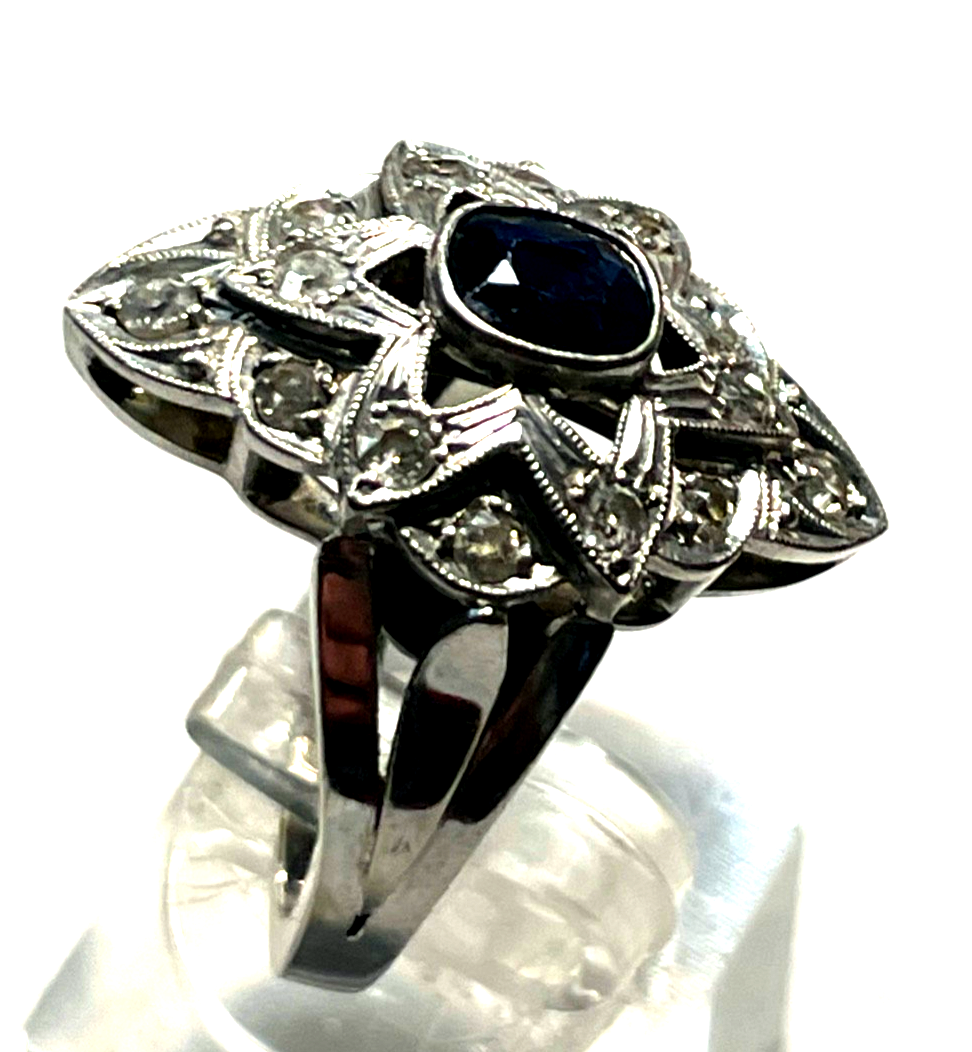 750 Gold Ring Weißgold Art Déco 14 Altschliff Brillanten + Saphir Juwelier2