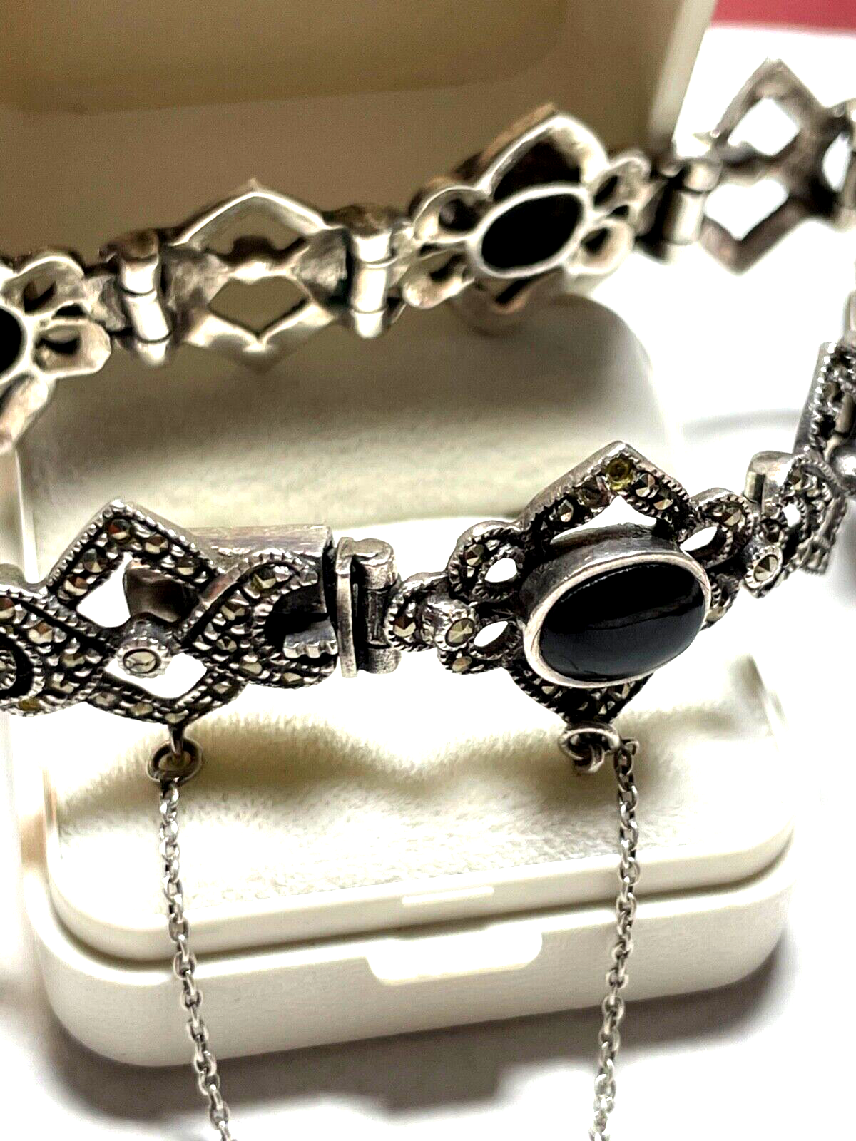 Traumhaftes solides 925 Silber Armband Handarbeit schwarzer Onyx + Markasit4