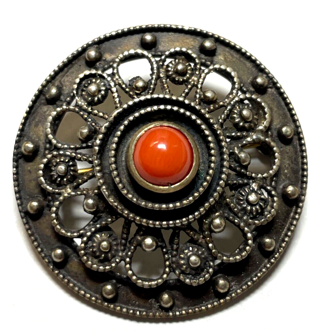 Antik 835 Silber Brosche Anstecknadel Koralle solide Handarbeit Ø 35 mm 30er J0