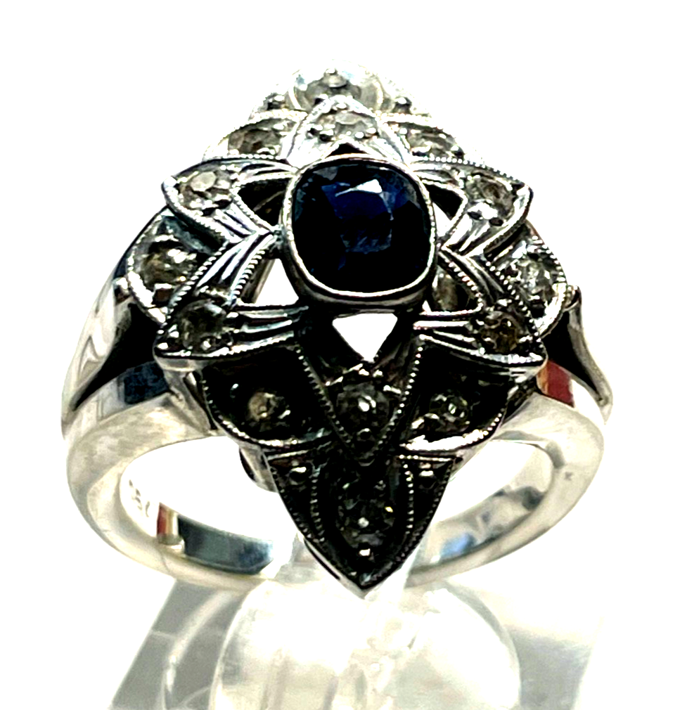 750 Gold Ring Weißgold Art Déco 14 Altschliff Brillanten + Saphir Juwelier0