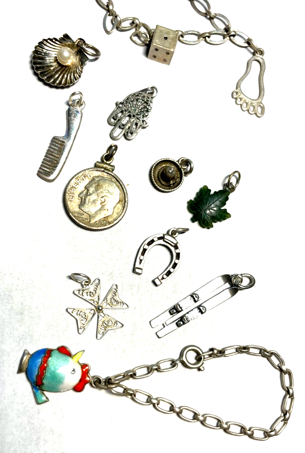 12 verschiedene Anhänger für Bettelarmband alle aus Silber + Armband 19,5 cm2