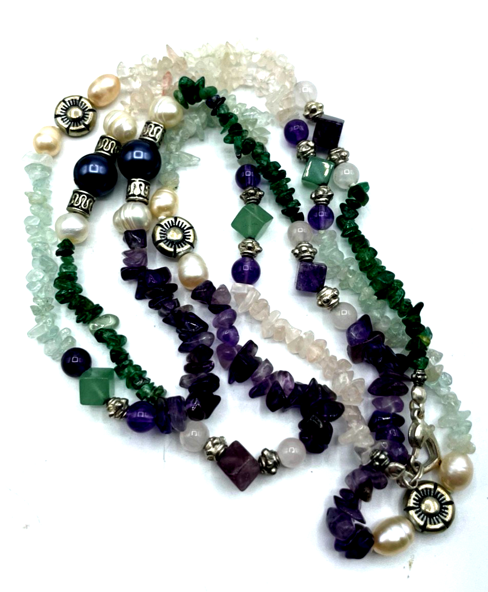99 cm lange Halskette echte Edelsteine Smaragd Amethyst Aquamarin SWZ Perlen Mix4