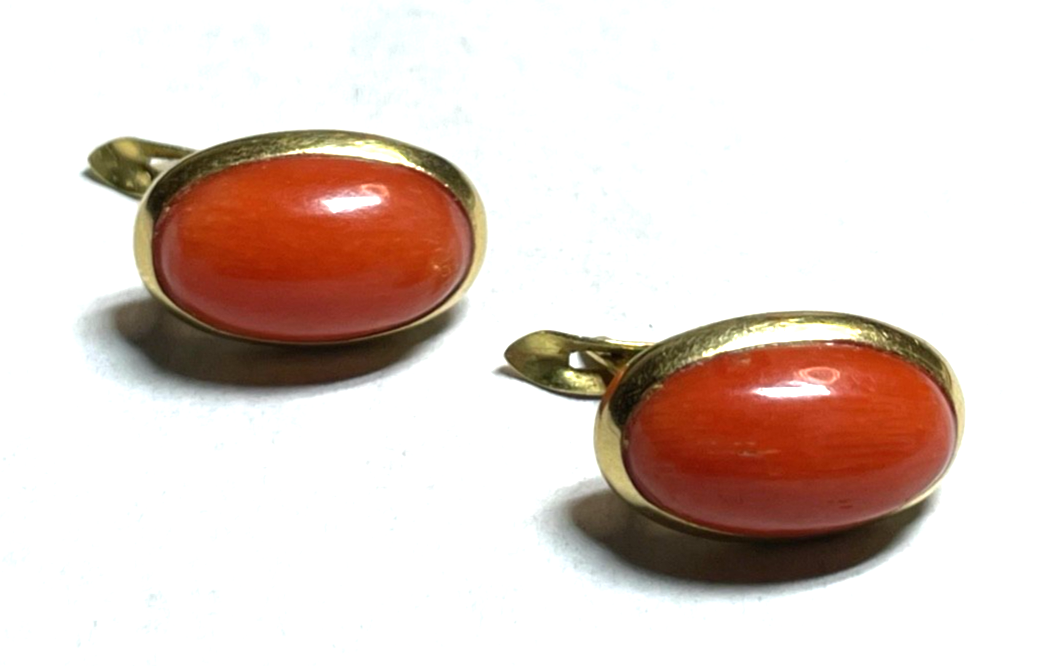 Solide 750 Gold 18 K Ohrringe Natur Lachs Koralle Cabochon Juwelier Klassiker2