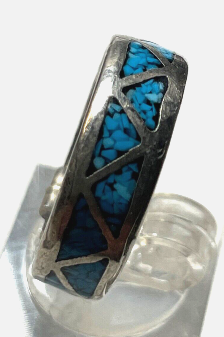 Aparter vintage unisex Bandring 925 Silber Ring mit Türkis Mosaik Ø 17,5mm RG 553