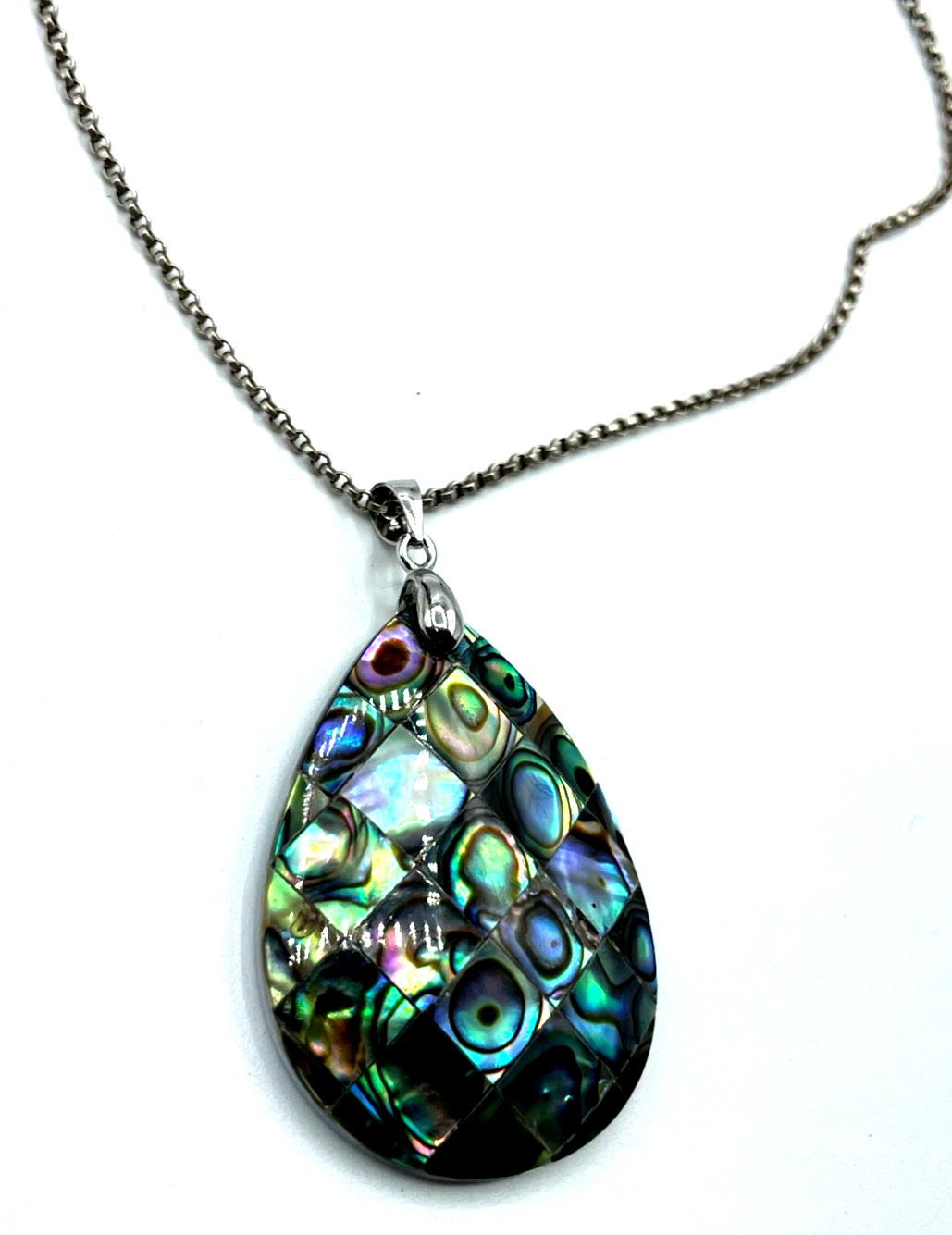 Großer Abalone Muschel Anhänger facettierter Tropfen an Silberkette Erbskette0