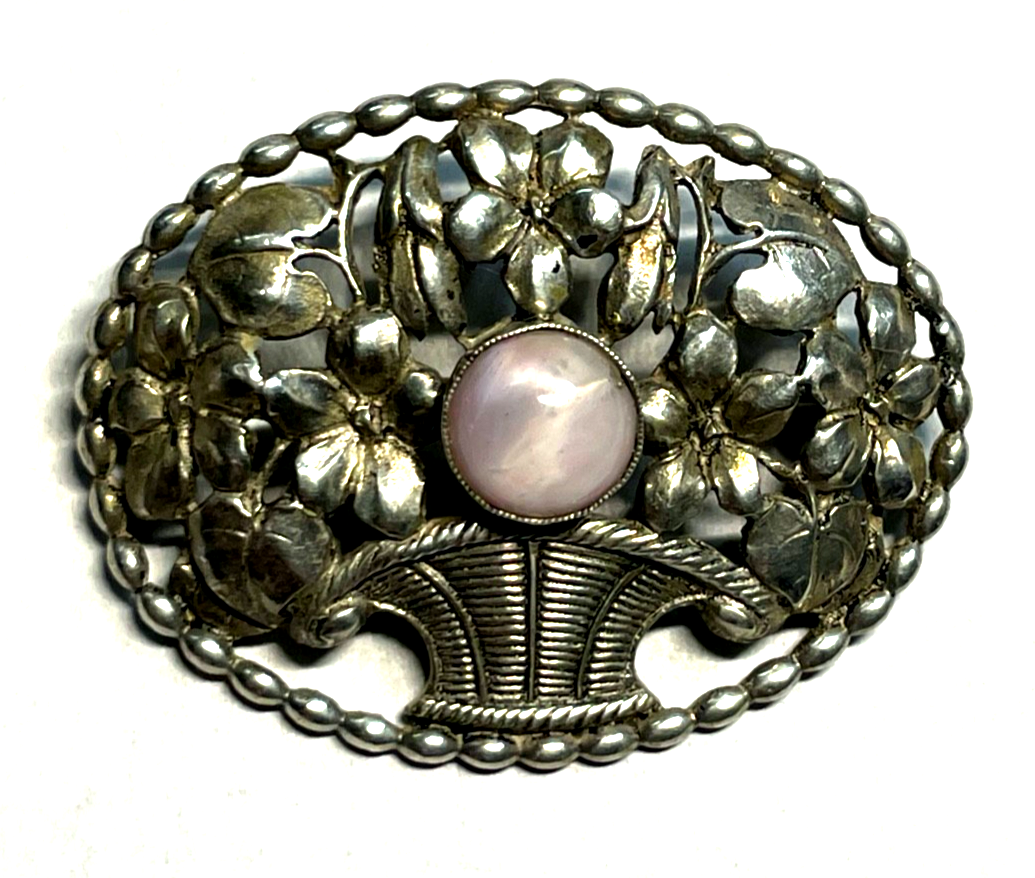 Antik 830 Silber Brosche Jugendstil Blumenkorb Handarbeit rosa Achat Cabochon1