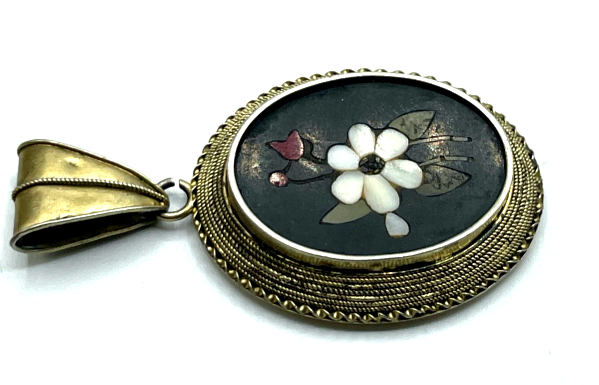 Pietra Dura Stein Mosaik Medaillon Italien um 1900 Anhänger Silber vergoldet rar5