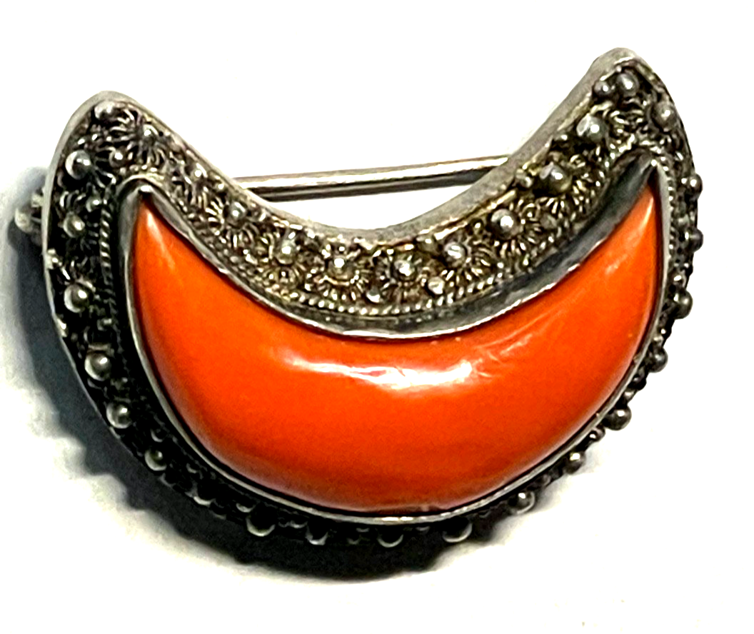 Antik edle Sterling Filigransilber Brosche Anstecknadel + Koralle Handarbeit1