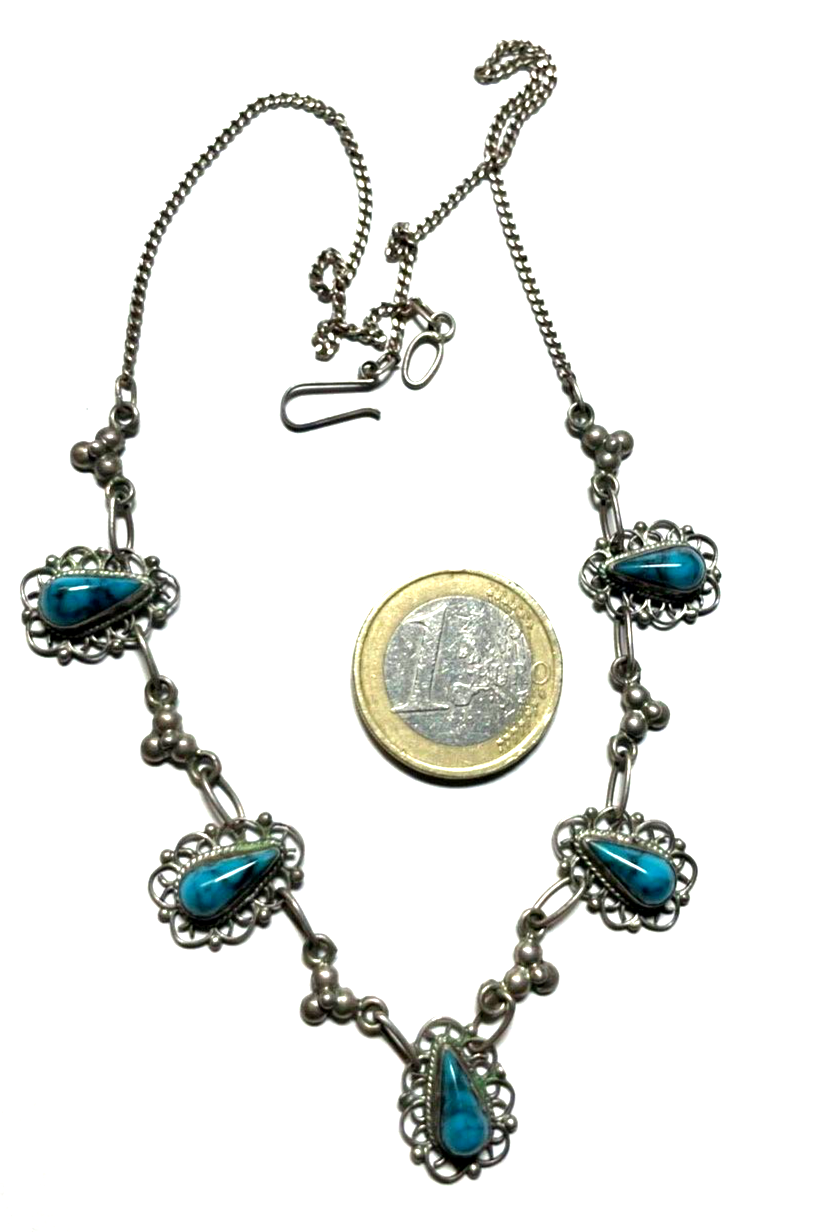 925 Sterling Silber Kette Collier mit 5x Türkis Mexiko Handarbeit sehr apart2