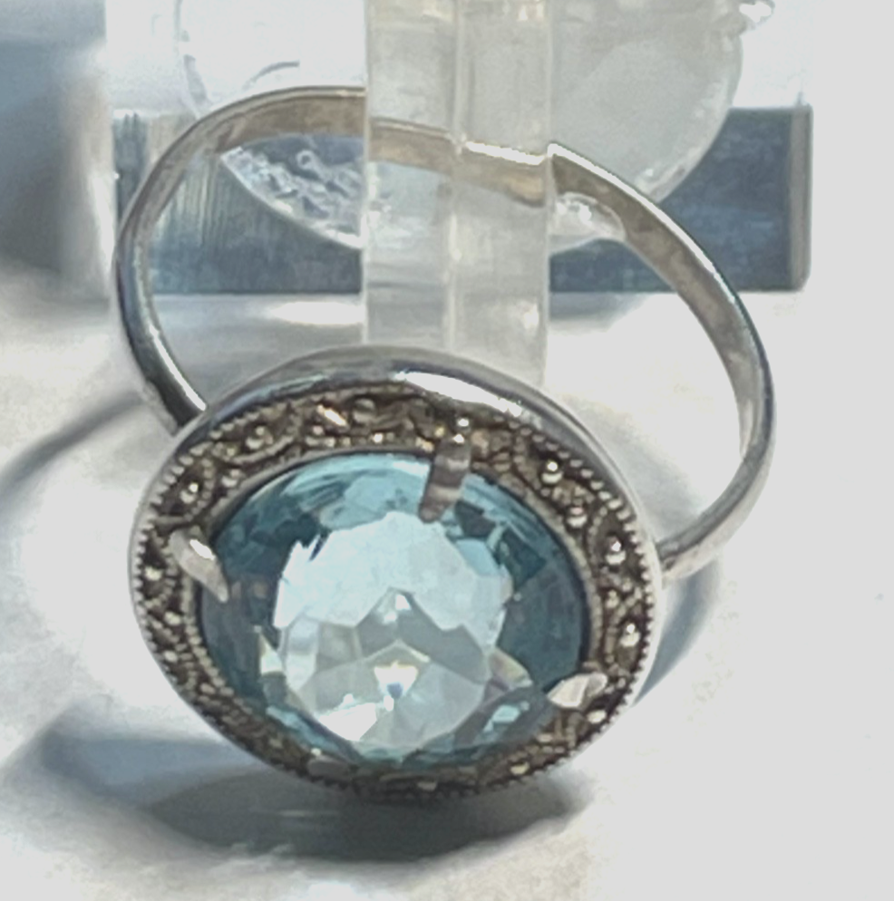 Antik 830 Silber Ring aquamarin farbig wasserblau Spinell 30erJ RG 53 Ø 16,8 mm6