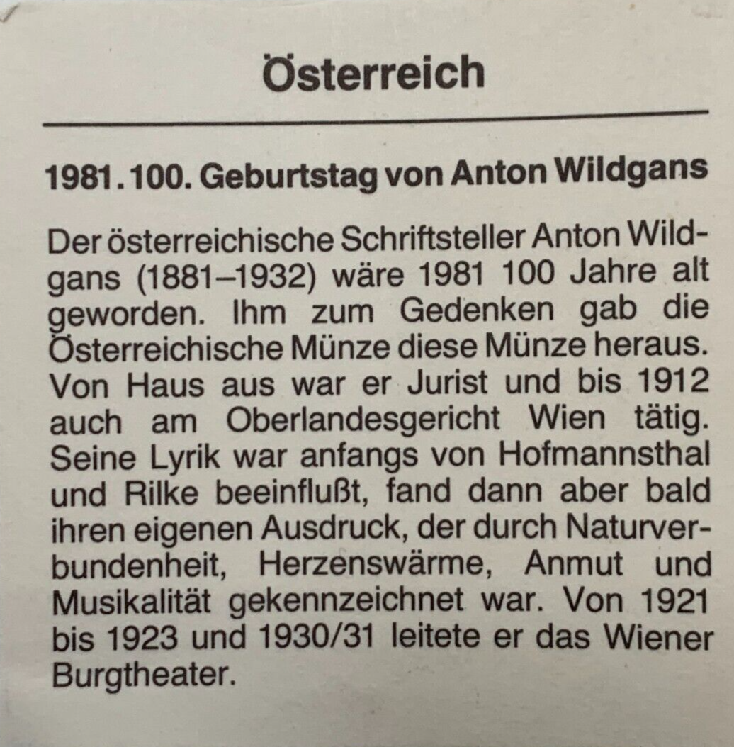 500 Schilling Österreich - Silber Münze - Anton Wildgans - PP3