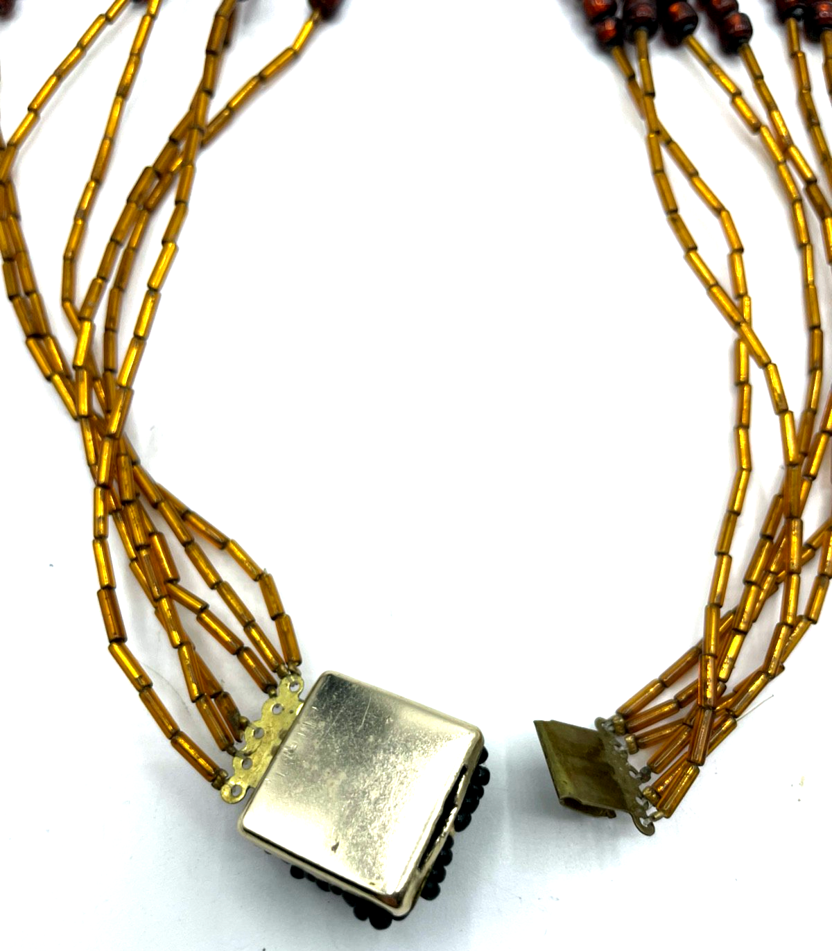 Vintage aparte mid-century Halskette Glasperlen Collier 6 reihig Goldbronze Farb4
