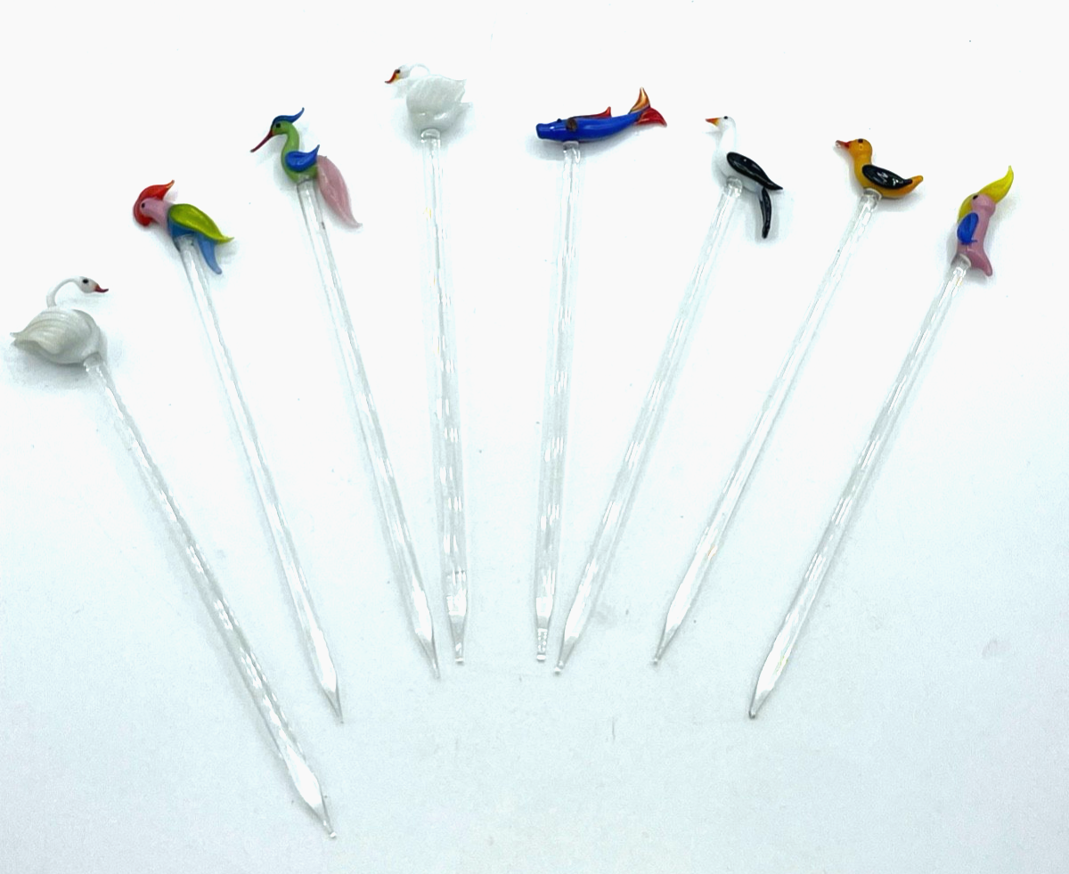 Dachbodenfund 8 vintage schöne feine Cocktail Spicker Spiesse Glas Figuren Tiere1