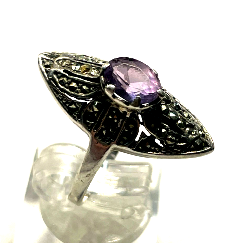925 Silber Ring mit 1 Amethyst + Markasit antikstil  RG 53 Ø 17mm2