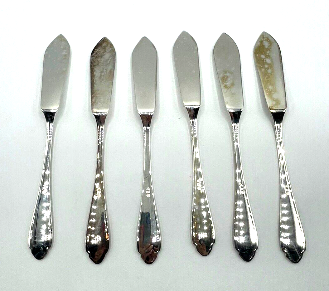 6 x Fischmesser Chippendale J. Grimminger Schwäbisch-Gmünd 90 Silberauflage gepf3
