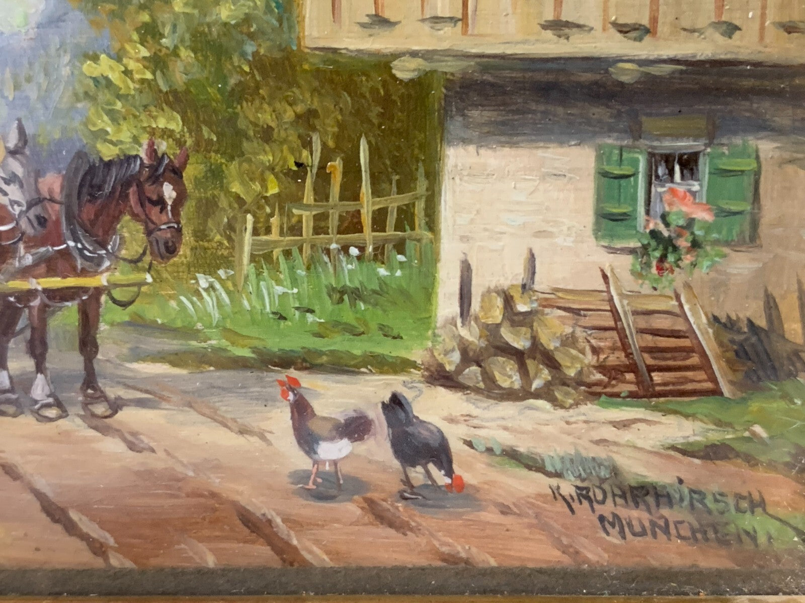 Karl Rohrhirsch 1875-1954 - Postkutsche vor dem Bauernhaus - Öl auf Holz - sign.4