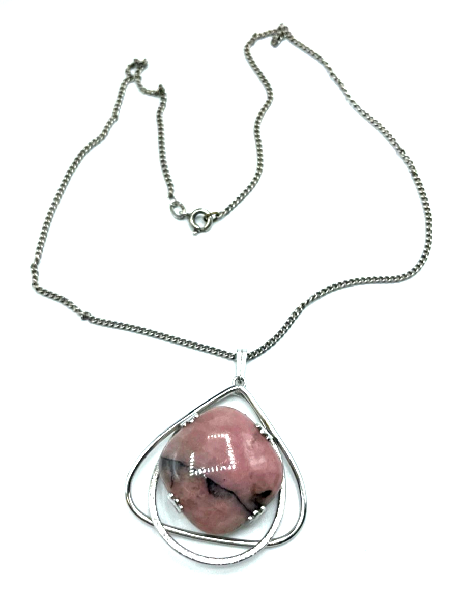 70er J Design 835 Silber Anhänger Rhodochrosit Cabochon Amulett an Silber Kette0