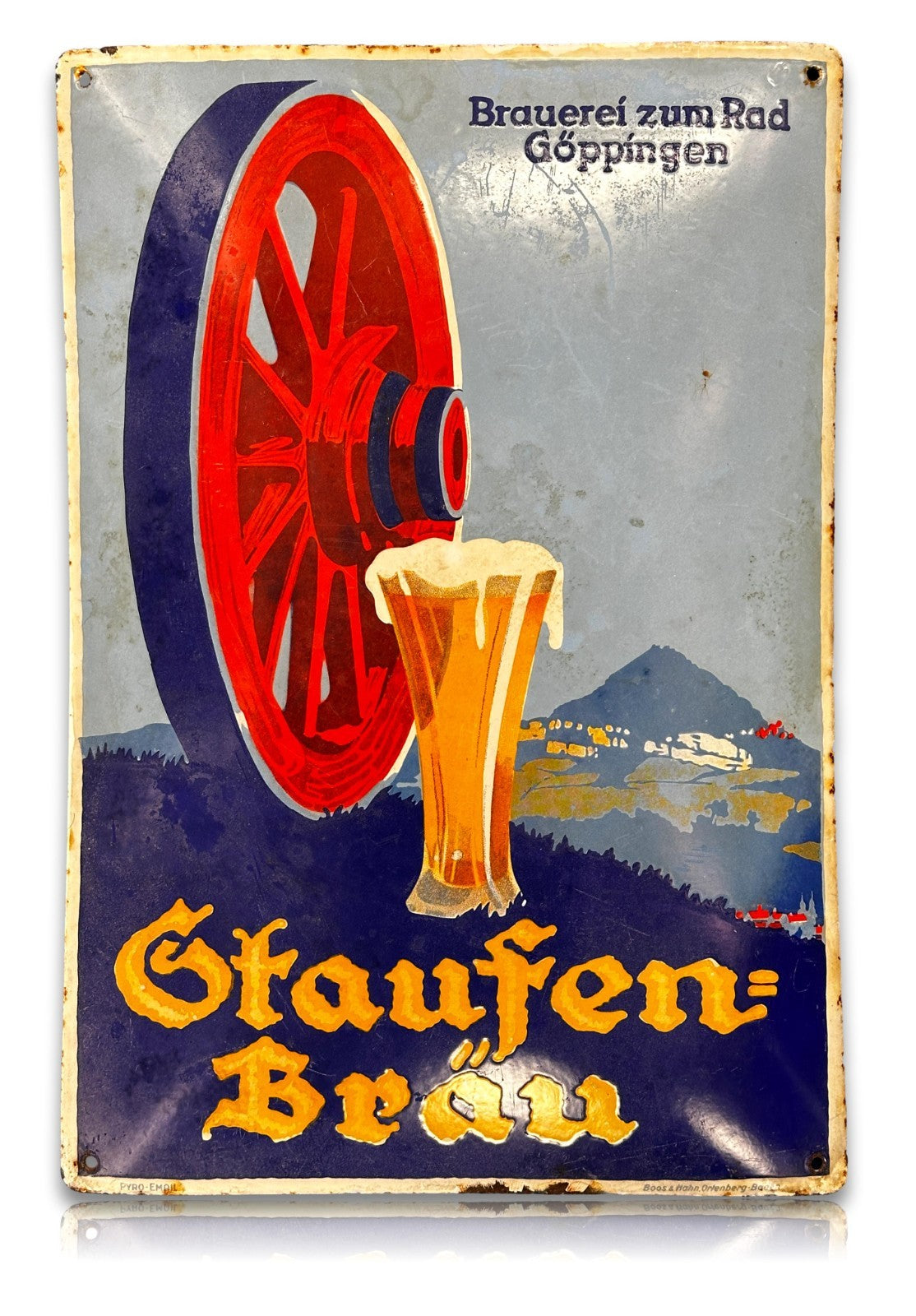 Altes Emailleschild - Staufen-Bräu Göppingen - Brauerei zum Rad - geprägt0
