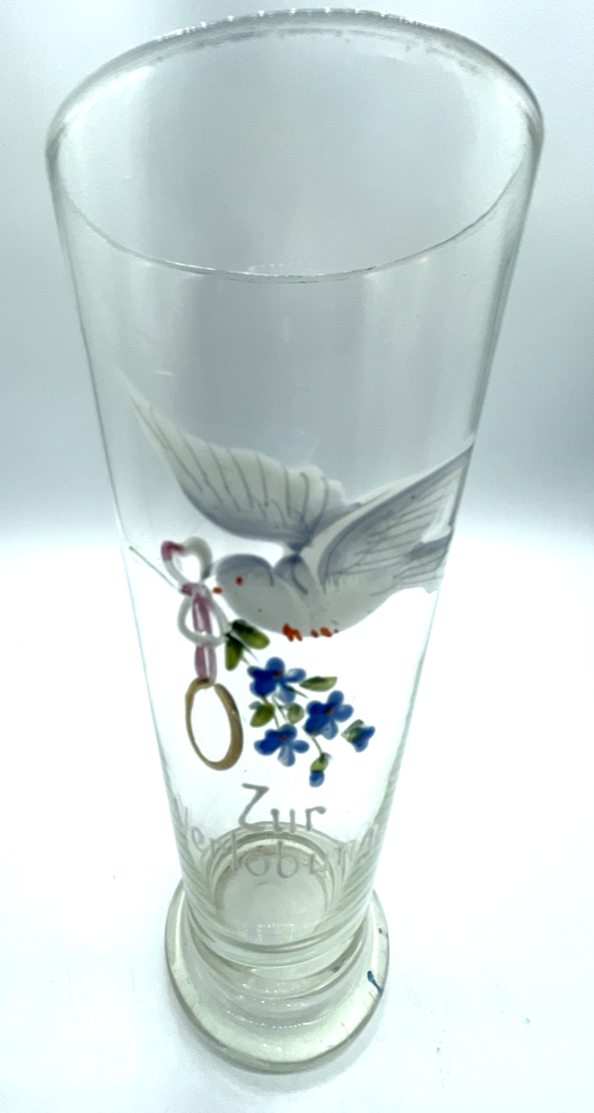 Antik Jugendstil Glas ZUR VERLOBUNG Handmalerei Taube Vergissmeinnicht Ring1