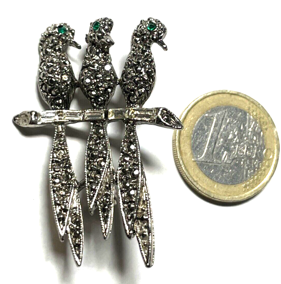 Vintage Brosche Anstecknadel elegantes Design 3 Vögel wie neu grüne Augen1