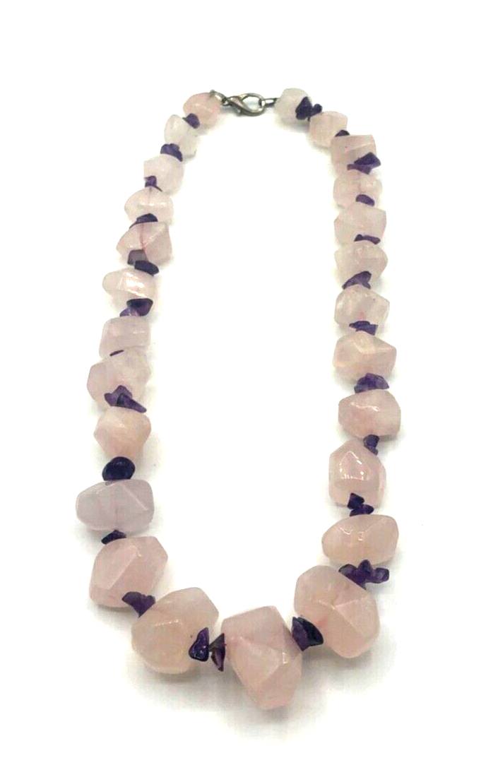 Vintage stattlich Rosenquarz Amethyst Edelstein Nuggets Kette Collier Handarbeit3