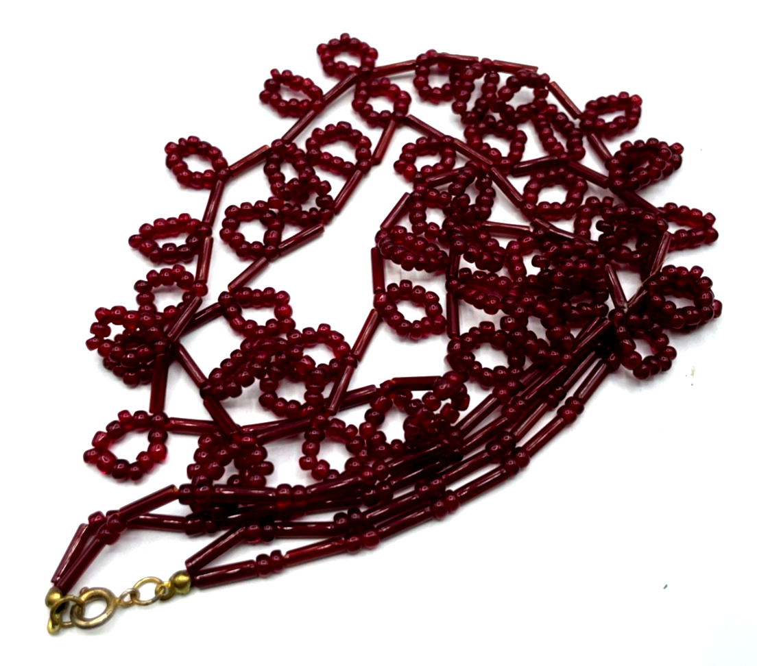 Vintage mid-century Halskette Handarbeit Granat rote Glasperlen Collier Topzust3