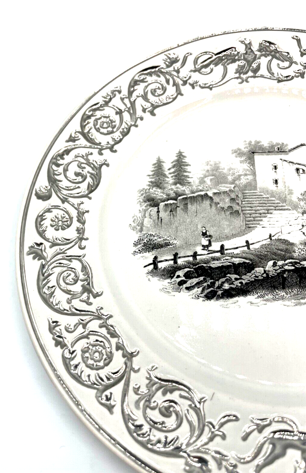 * Antik 3 Keramik Teller Landschaft Szenerie vor 1900 Silber Rand Dekor Ø 18,2cm5