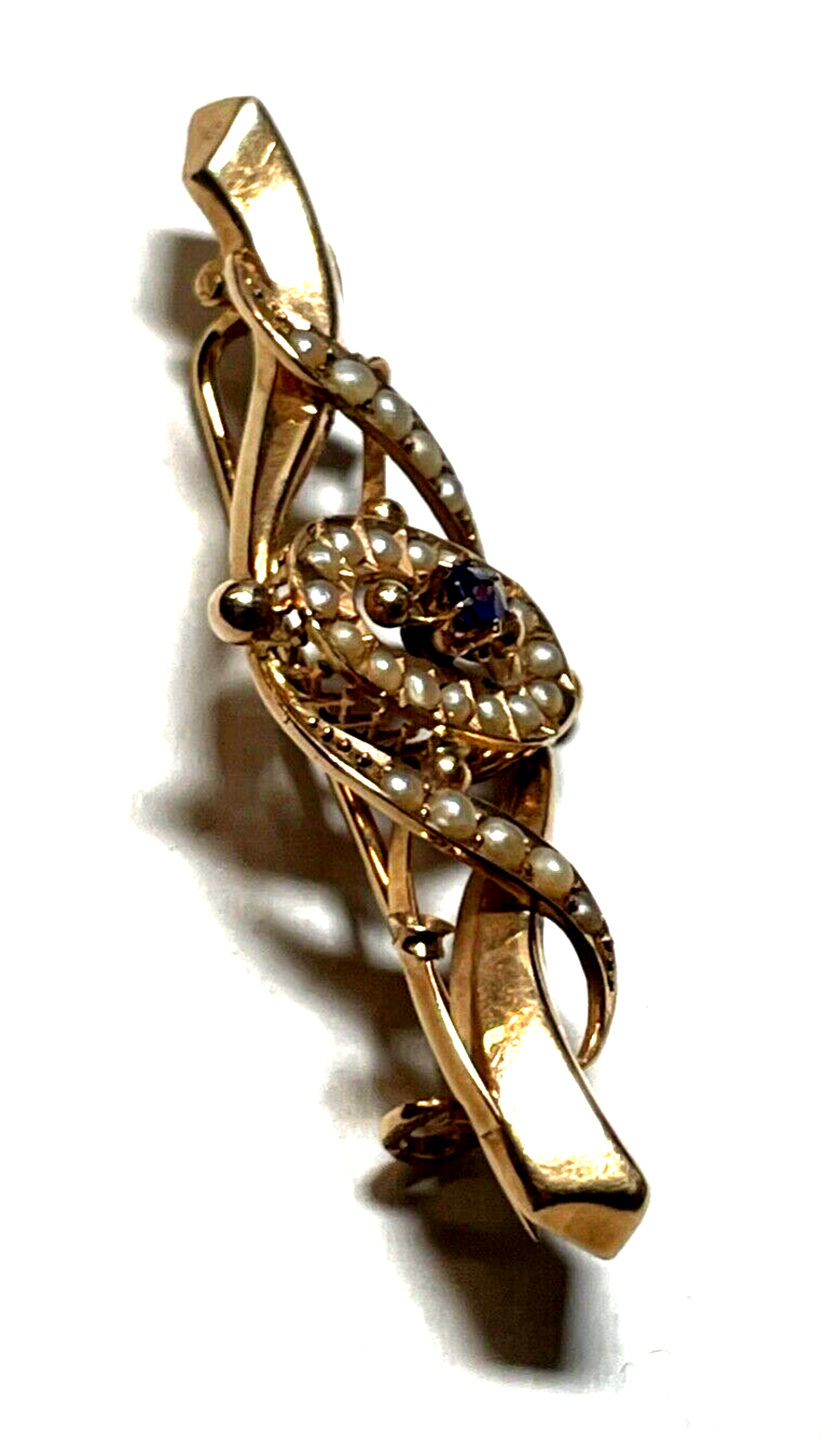 Antik edle 585 Gold 14 K Brosche Saphir Orientperlen Historismus Saatperlen4