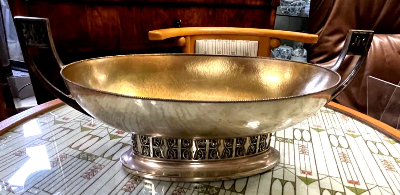 Jugendstil WMF dekorative Anbietschale auf Fuß Hammerschlag Dekor Straussenmarke1