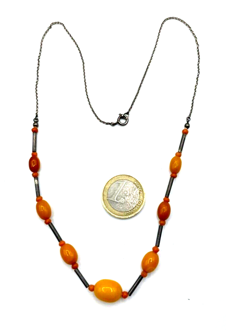 Antik 935 Silberkette Butterscotch Bernstein Oliven Koralle Mix Art Déco gepfl.5