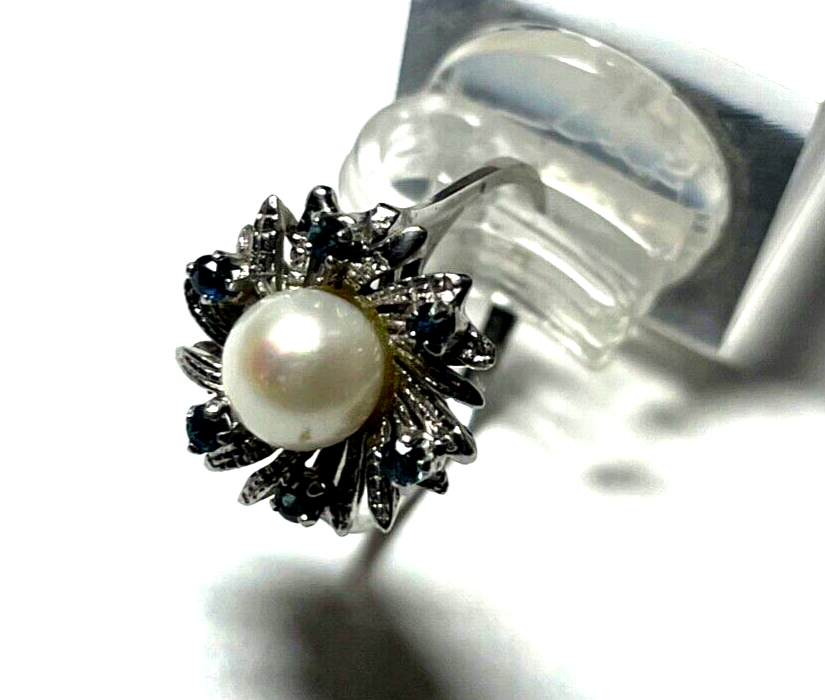 750 Gold 18 K Ring Weißgold Perle + 6 Saphir klassisch Ø 16,2 mm RG 51 Juwelier8