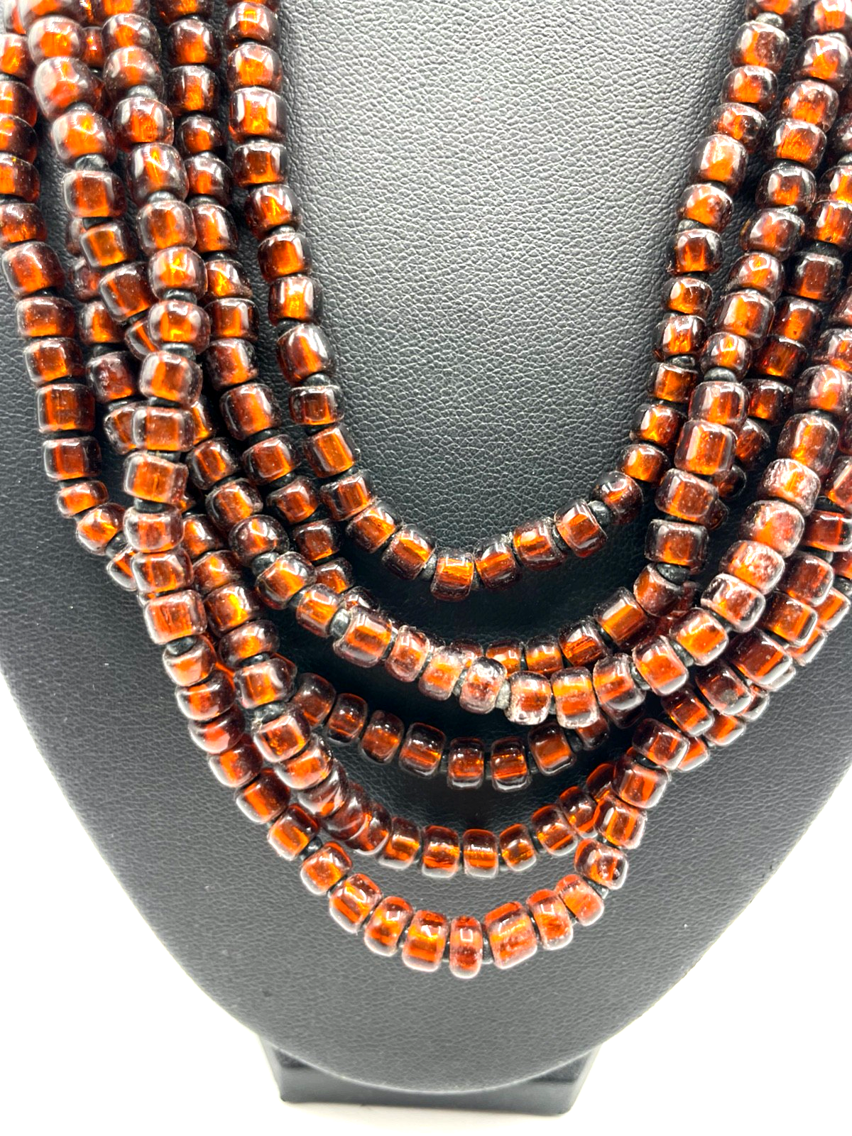 Vintage aparte mid-century Halskette Glasperlen Collier 6 reihig Goldbronze Farb1
