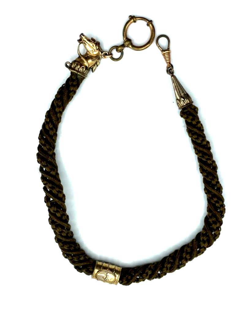 Antik Biedermeier Haarkette Uhrkette Taschenuhrkette Motiv Pferd Dubleegold gepf6