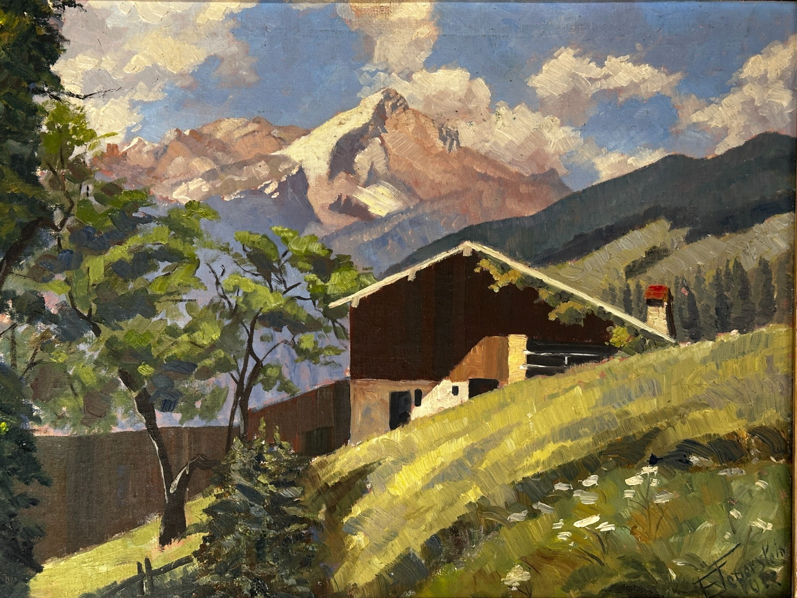 Ernst Feuerstein 1903–1960 Bauernhof an der Zugspitze  Öl auf Masonit - signiert1