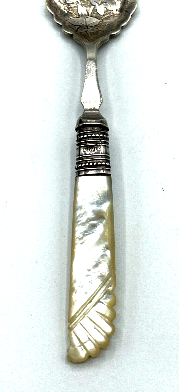Englischer Jam Löffel mit Perlmutt Griff Sheffield Silber + versilbert 30erJ3