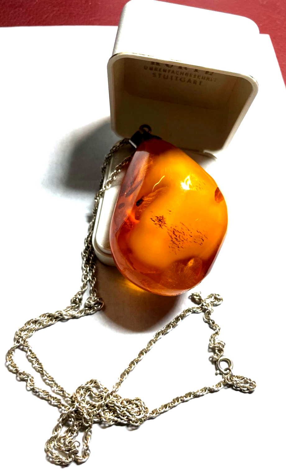 Mächtiger vintage Natur Bernstein Nugget poliert Anhänger Echtsilber Kordelkette2