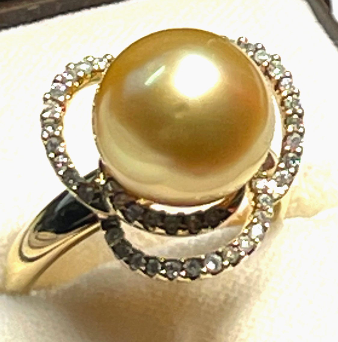 Elegant 585 Gold 14 K Ring Tahiti Perle Ø 12mm 40 Pavé Diamanten Ø 17,5mm RG 559