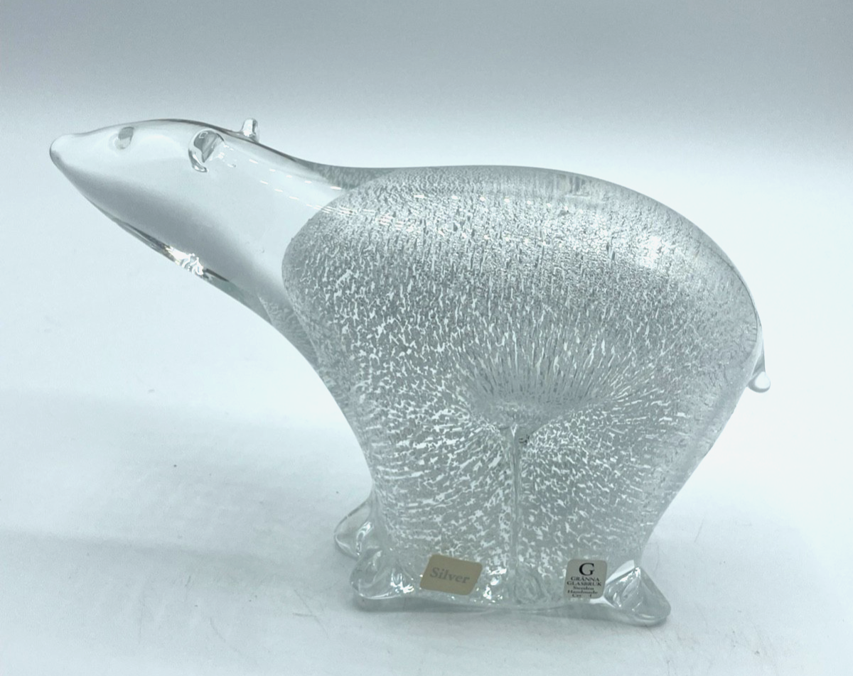 Vintage Glas Figur Eisbär Kunstglas Gränna Glasbruck Sweden Handmade Silver0