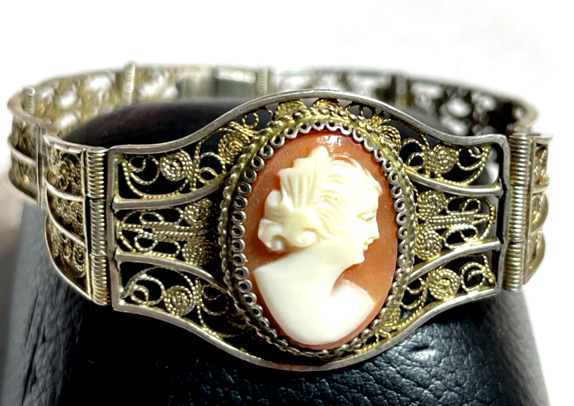 Antik 900 Silber FiligransilberArmband mit Muschel Gemme Cameo 20er J L 18 cm0