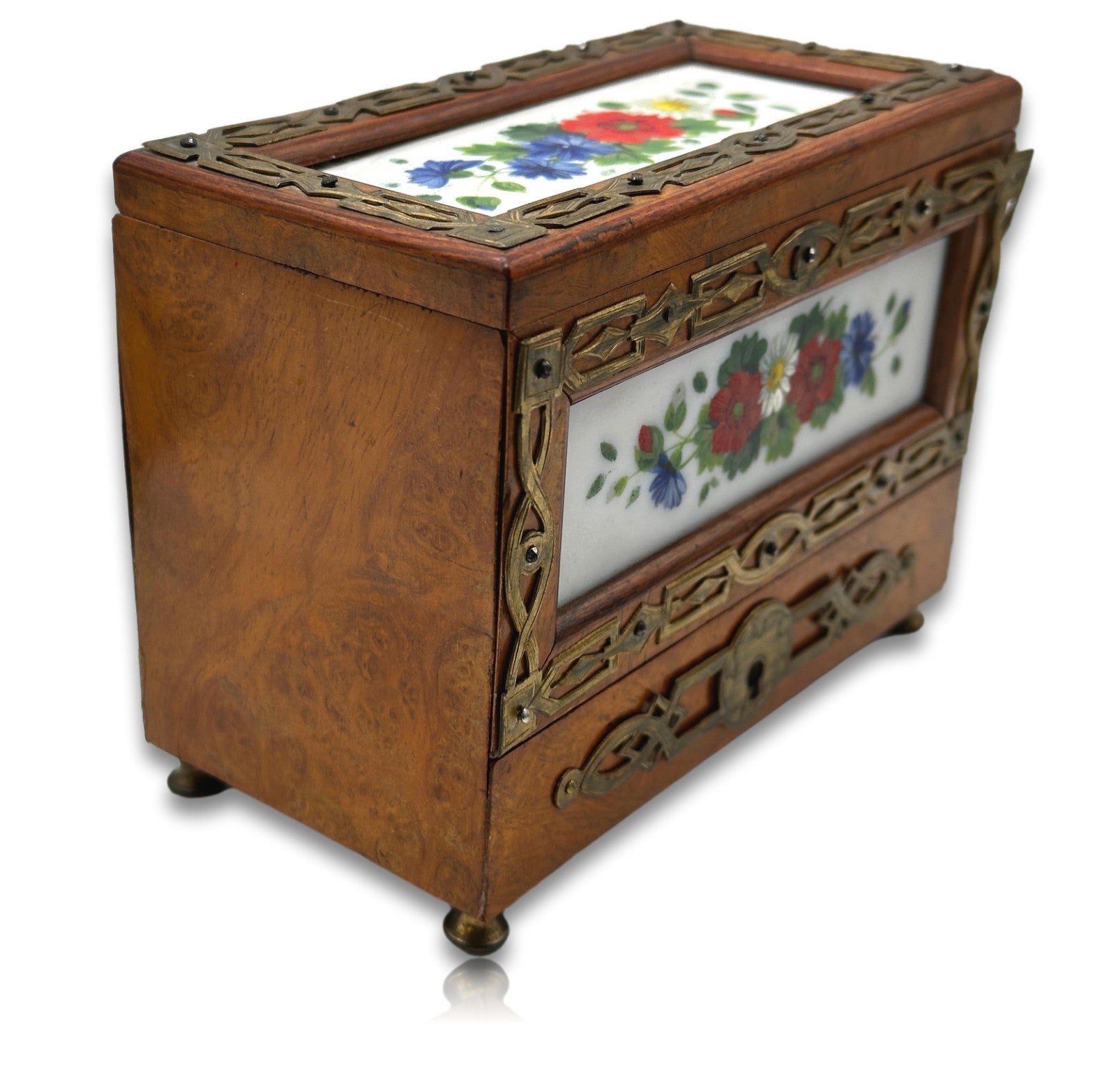 Jugendstil - Reisetantalus um 1900 Nussfurnier Messing Porzellan 3 Flakons antik9