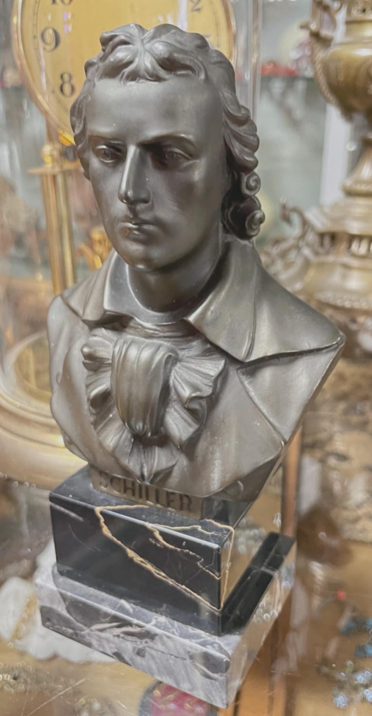 Antik Friedrich von Schiller Metall Büste auf Marmor Plinthe gepflegt H 18,5 cm7