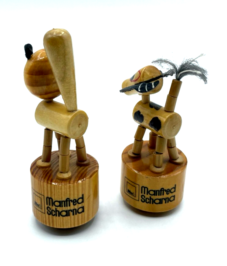 2x vintage Holzspielzeug Wackelfigur Drückfigur alte Werbung 70er J Katze + Kuh1