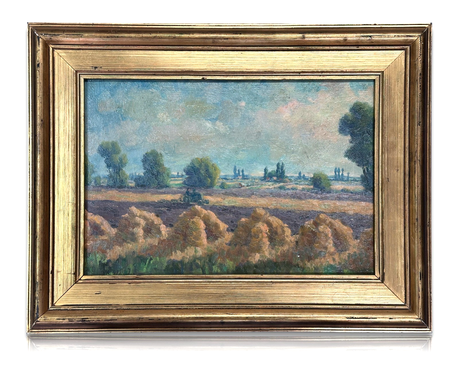 Ölgemälde – Landschaft mit Erntehocken & Traktor, signiert W…, ca. Mitte 20. Jh0