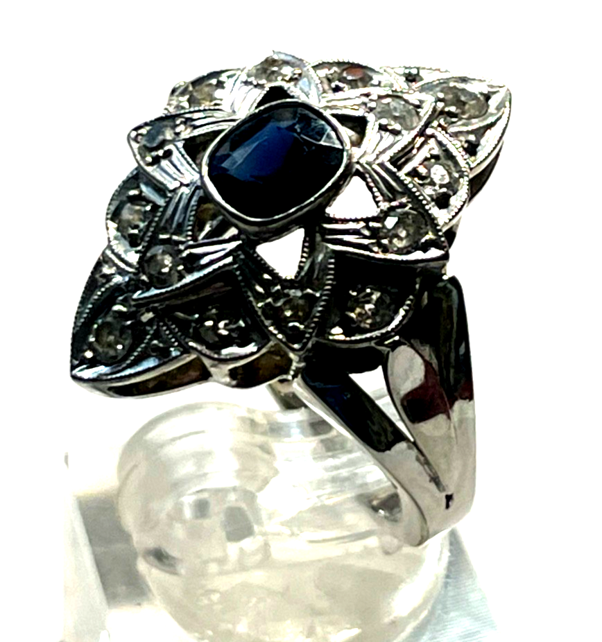 750 Gold Ring Weißgold Art Déco 14 Altschliff Brillanten + Saphir Juwelier4