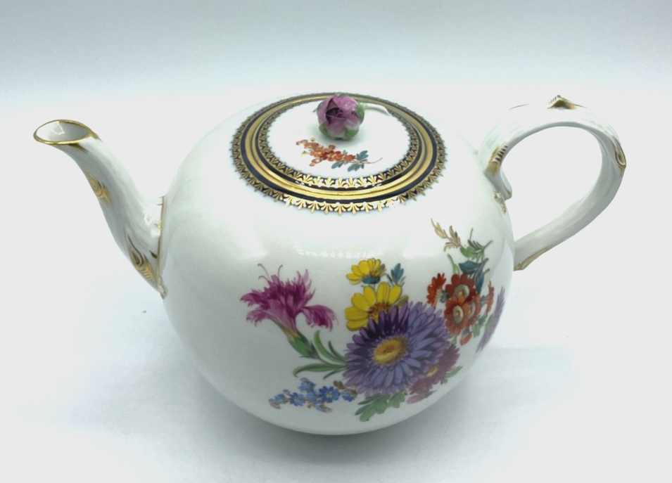 Antik Meissen Porzellan Teekanne 1. Wahl Blumenbukett Kobalt + Golddekor 1A Zust14