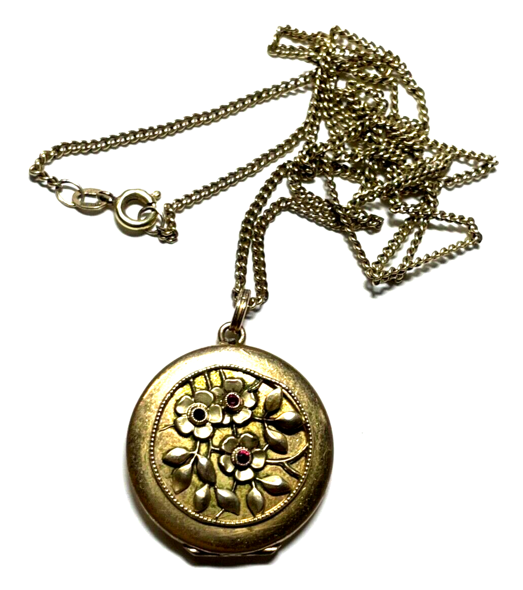 Antik Medaillon Anhänger Golddouble Farbsteine + Kette um 1900 Edelweiß Inlay0